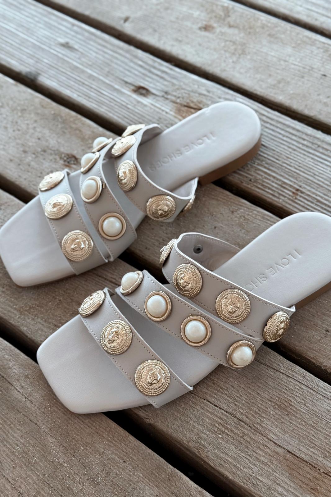 Ceylor Beige Faux Leather Buckle Detail Women's Slides