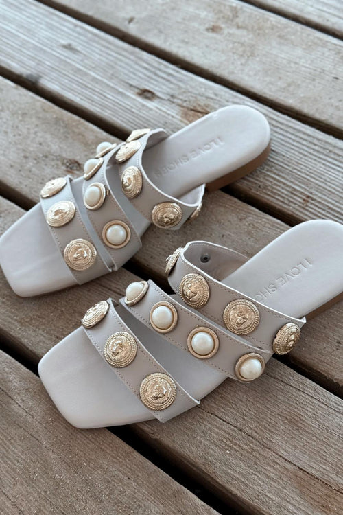 Ceylor Beige Faux Leather Buckle Detail Women's Slides