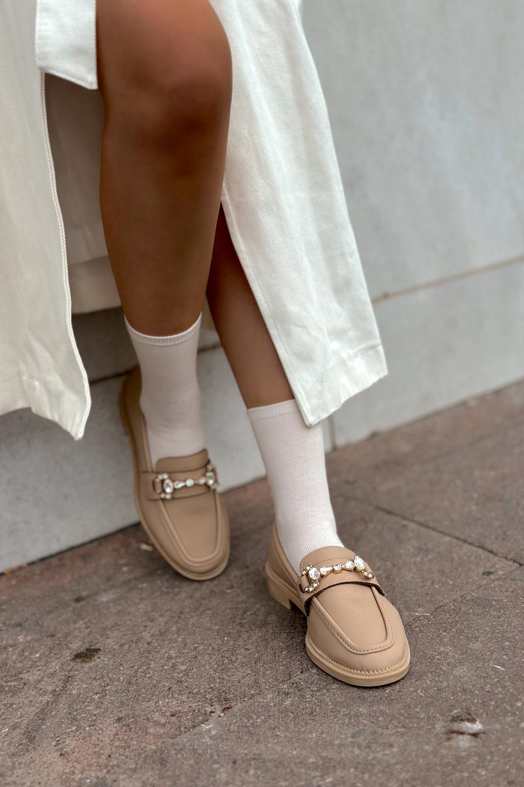 Vitelo Nude Faux Leather Crystal Detail Women's Loafers