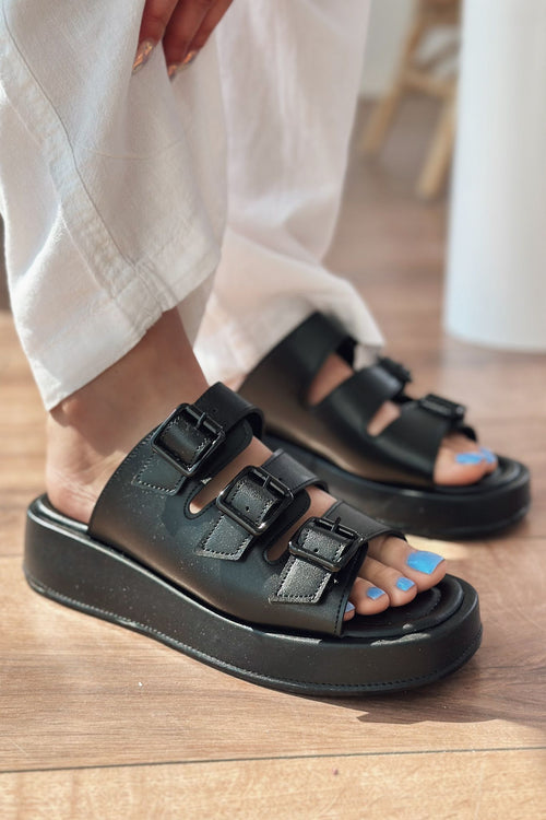 Bertix Black Faux Leather Buckle Detail Women's Slides