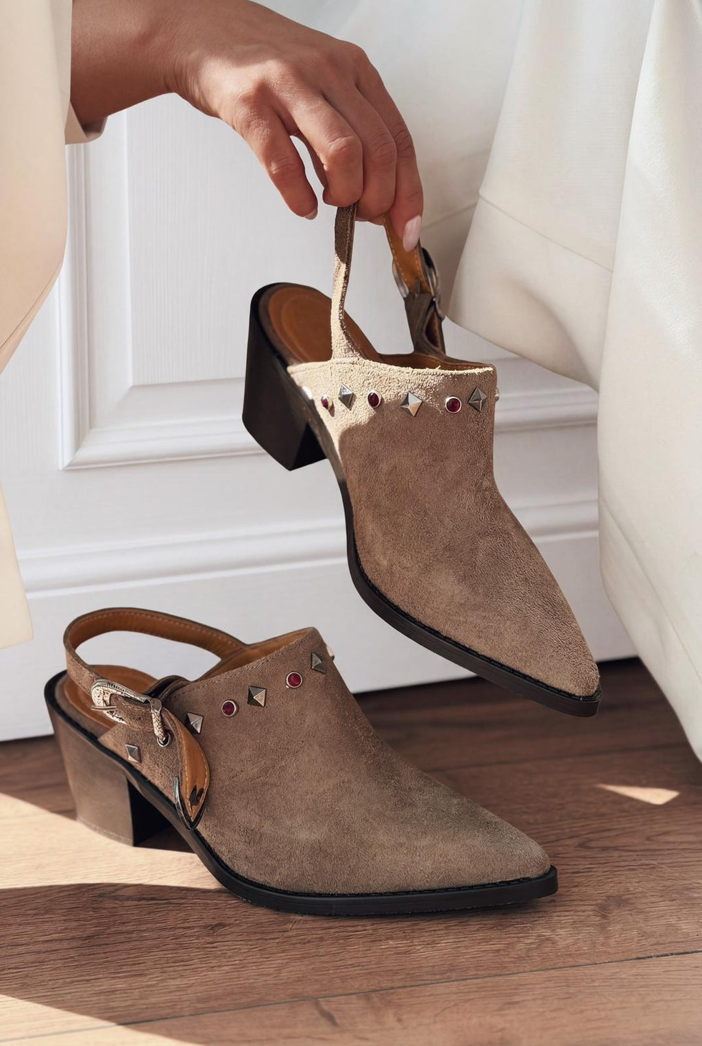 Velvorn Taupe Genuine Suede Women's Cowboy Heel Pumps