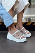 Palien White Faux Leather Studded Wedge Heel Women's Mules