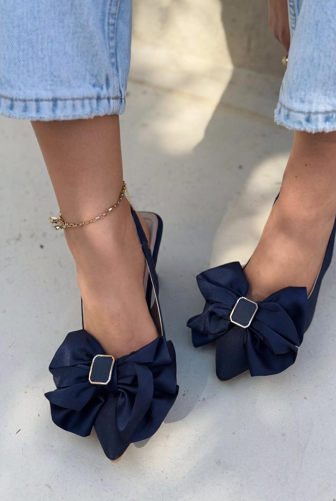 Velune Navy Bow Detail Satin Women's Stilettos