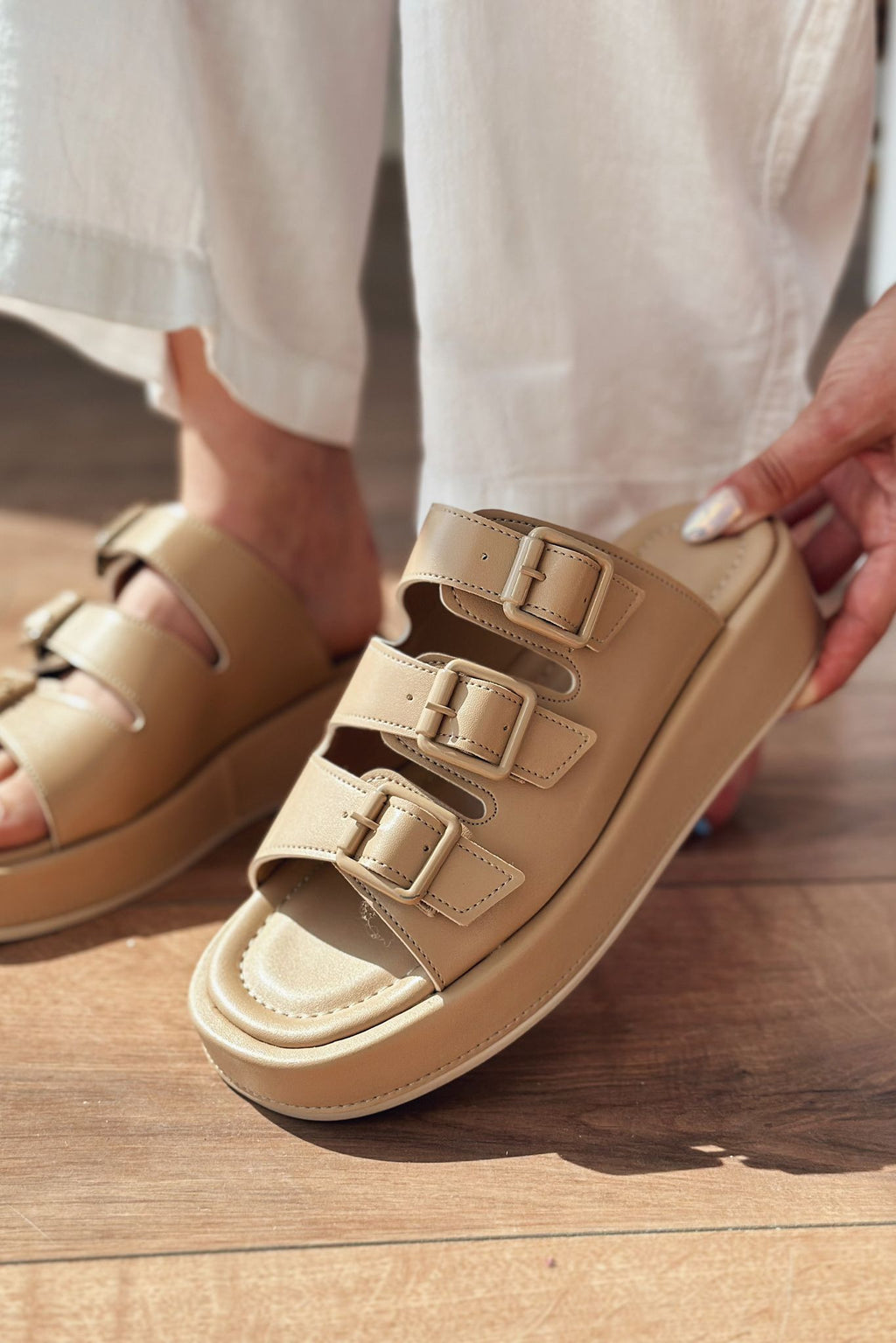 Bertix Nude Faux Leather Buckle Detail Women's Slides