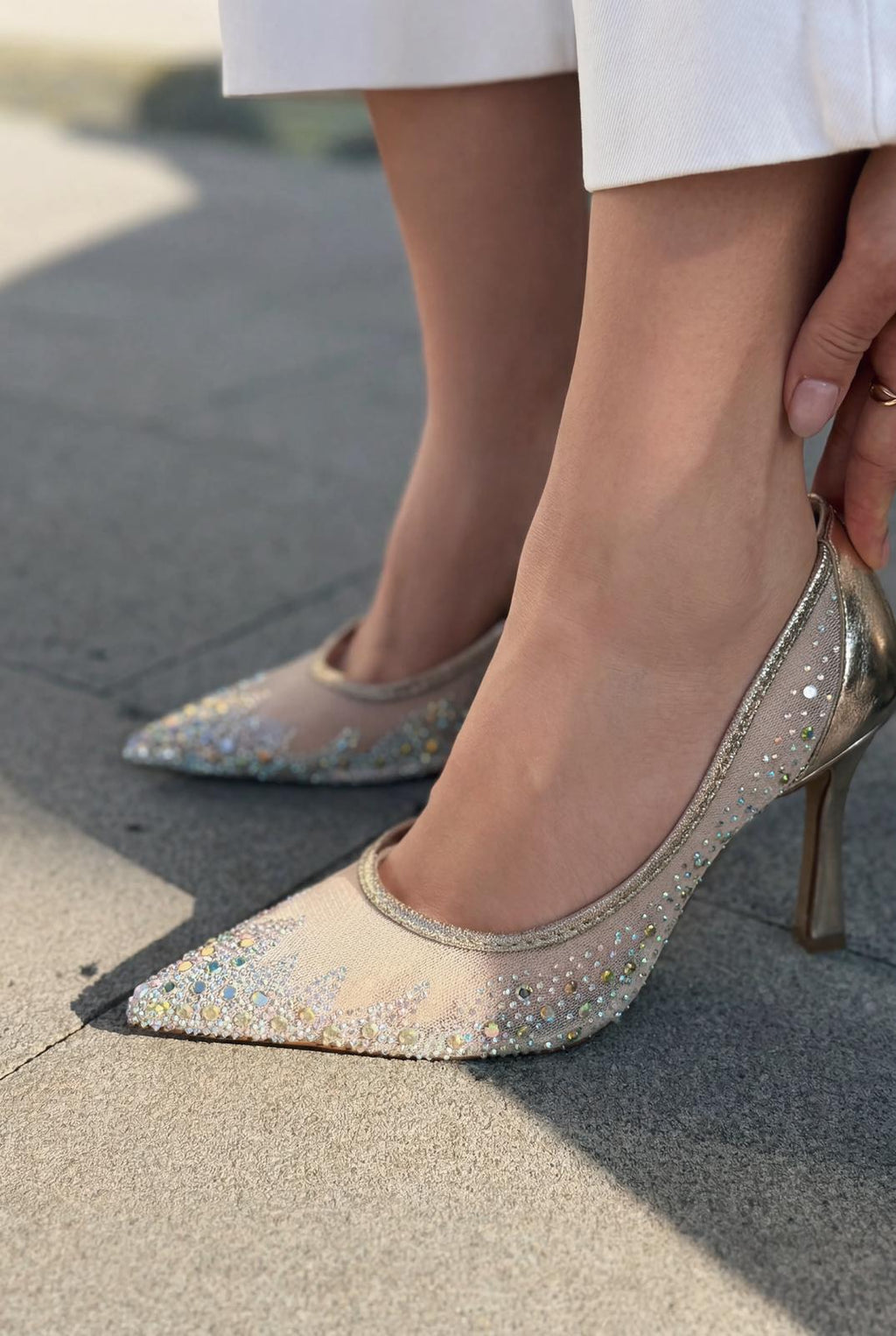 Arivelle Gold Crystal Textile Women's Stilettos