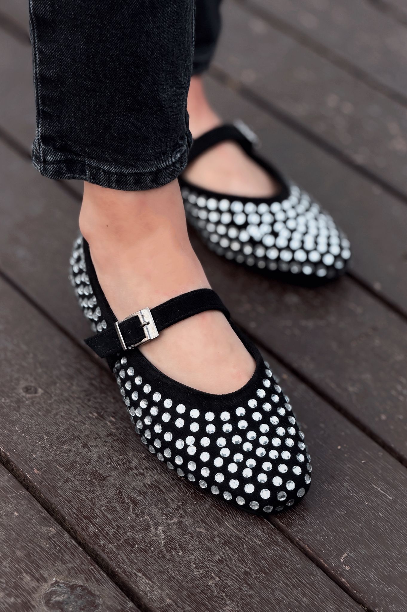 Orion Black Suede Gray Stone Detail Women's Flats