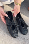 Talorin Black Genuine Leather Women's Lace-Up Flats