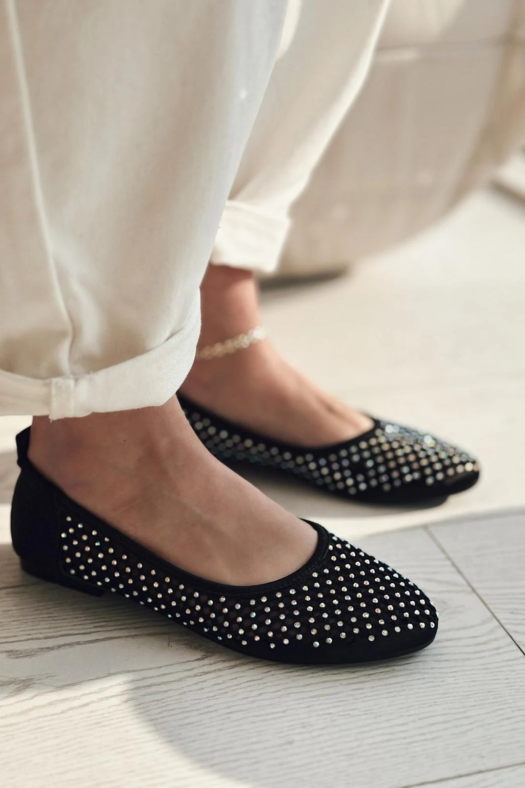 Ronetta Black Satin Crystal Embellished Women's Flats