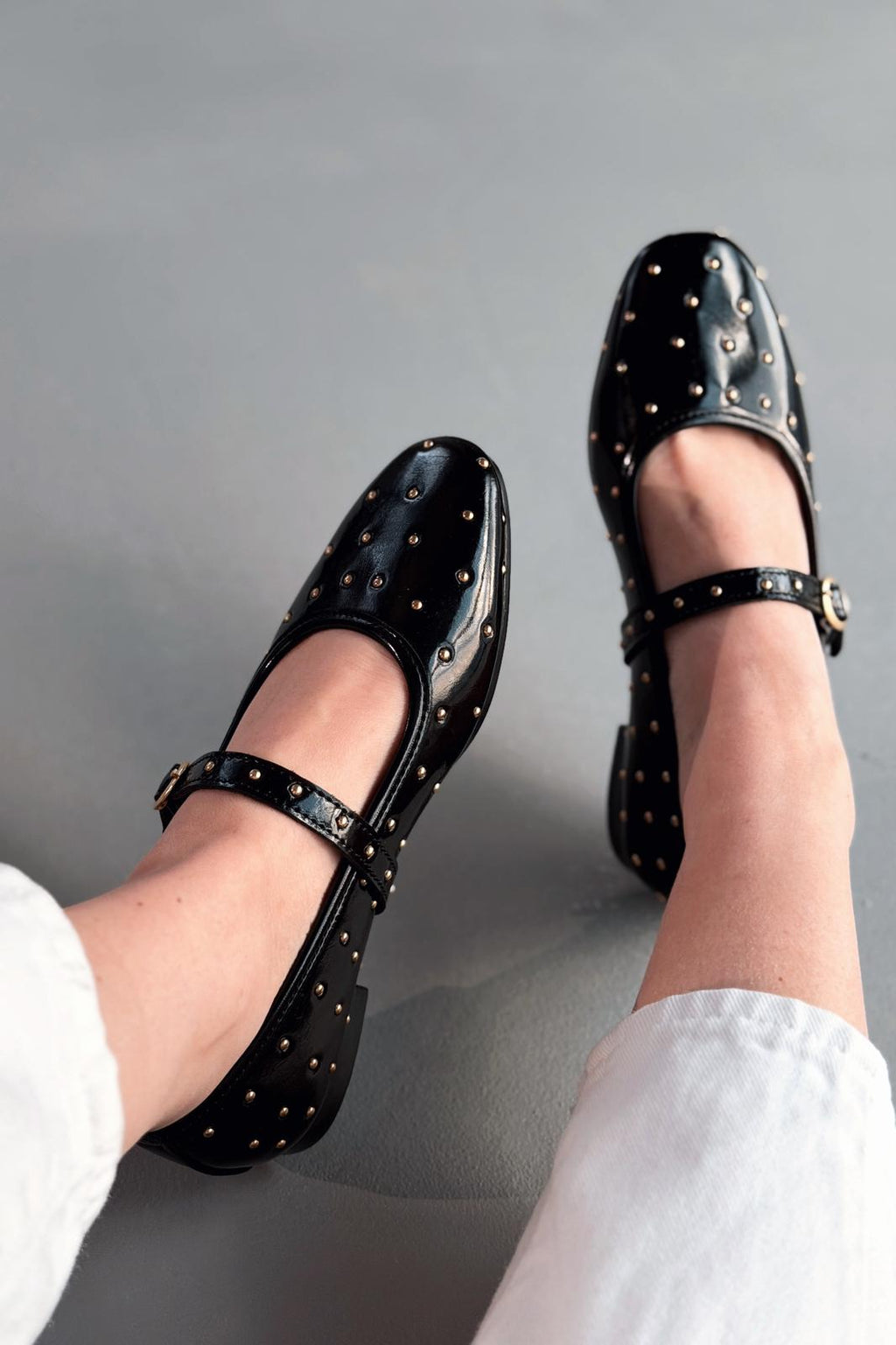 Lunessa Black Patent Faux Leather Studded Women's Flats