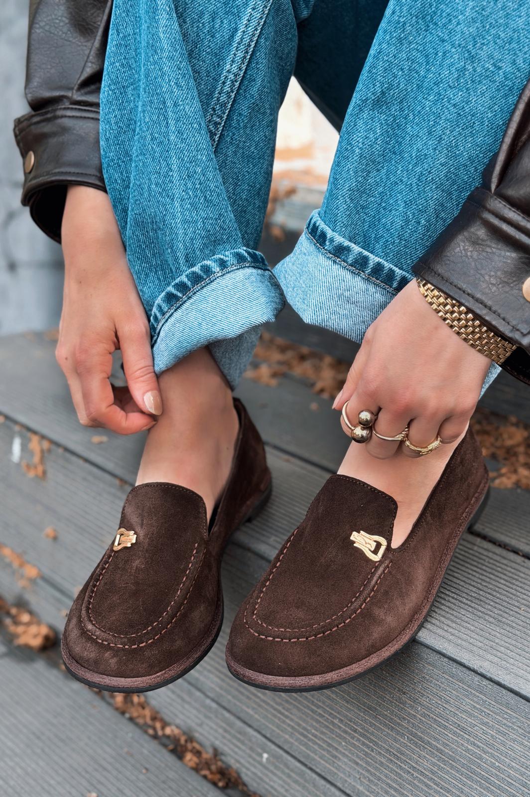 Rasen Dark Brown Genuine Suede Women's Loafers