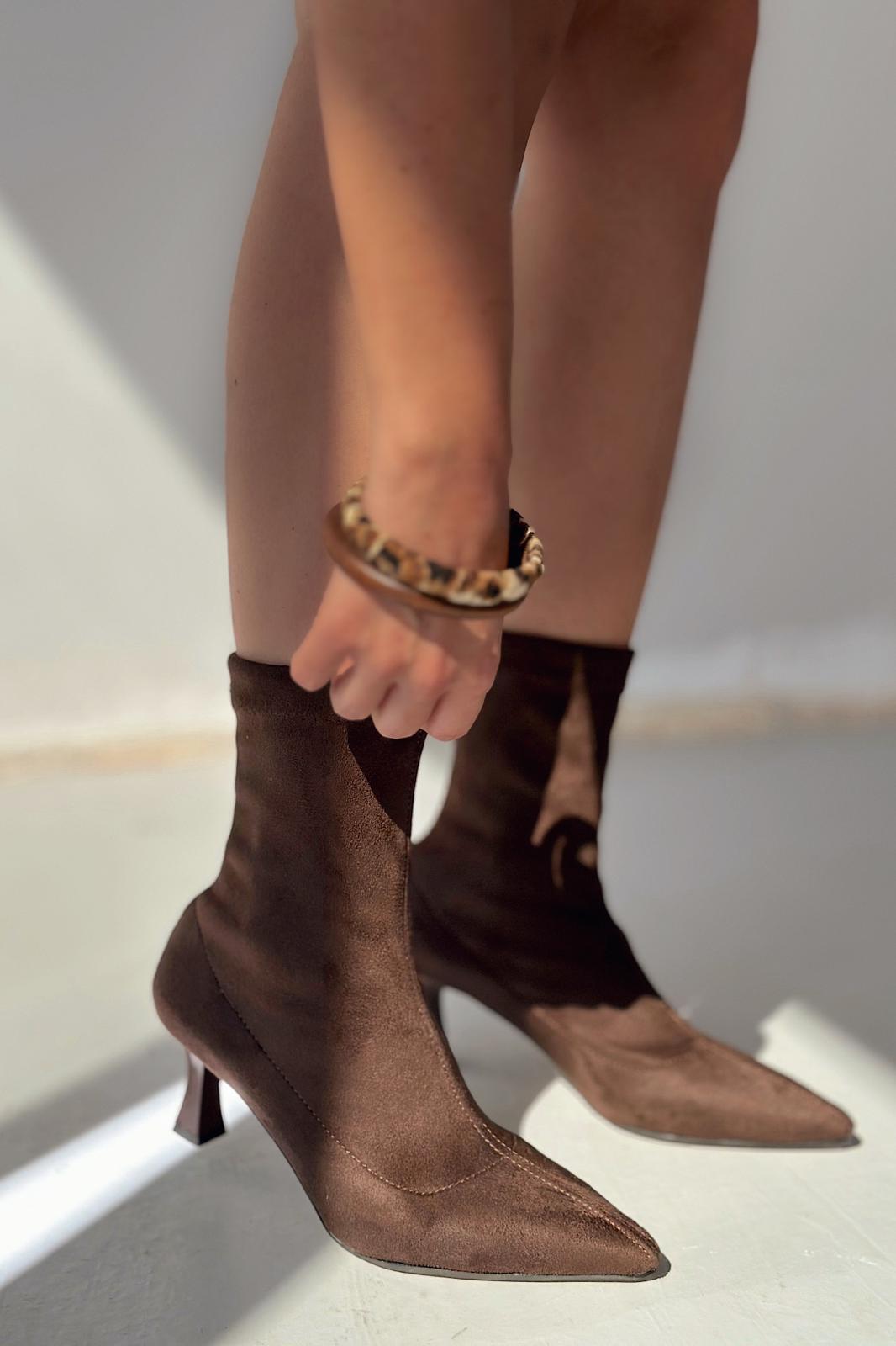 Loravo Suede Dark Brown Sock Boots Stiletto