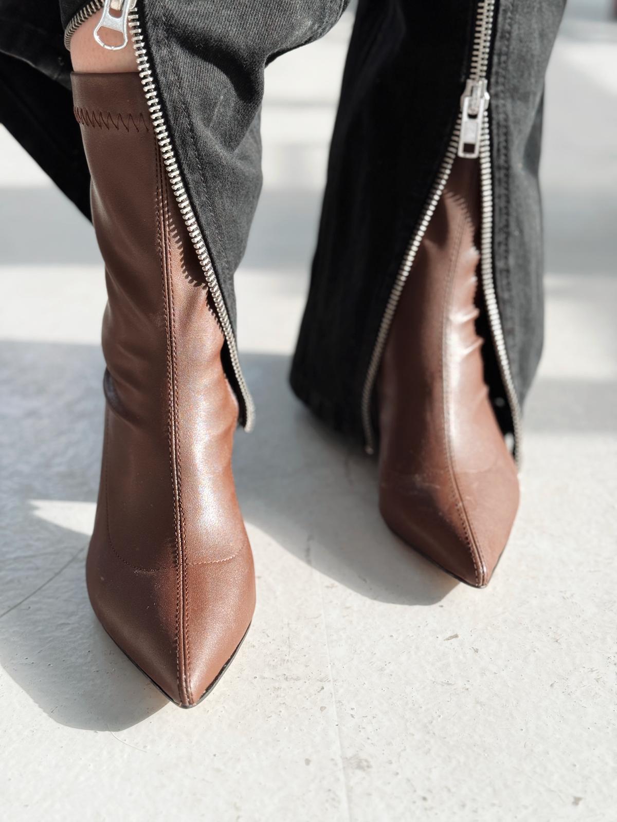 Nysea Brown Faux Leather Women's Stretch Pumps Boots