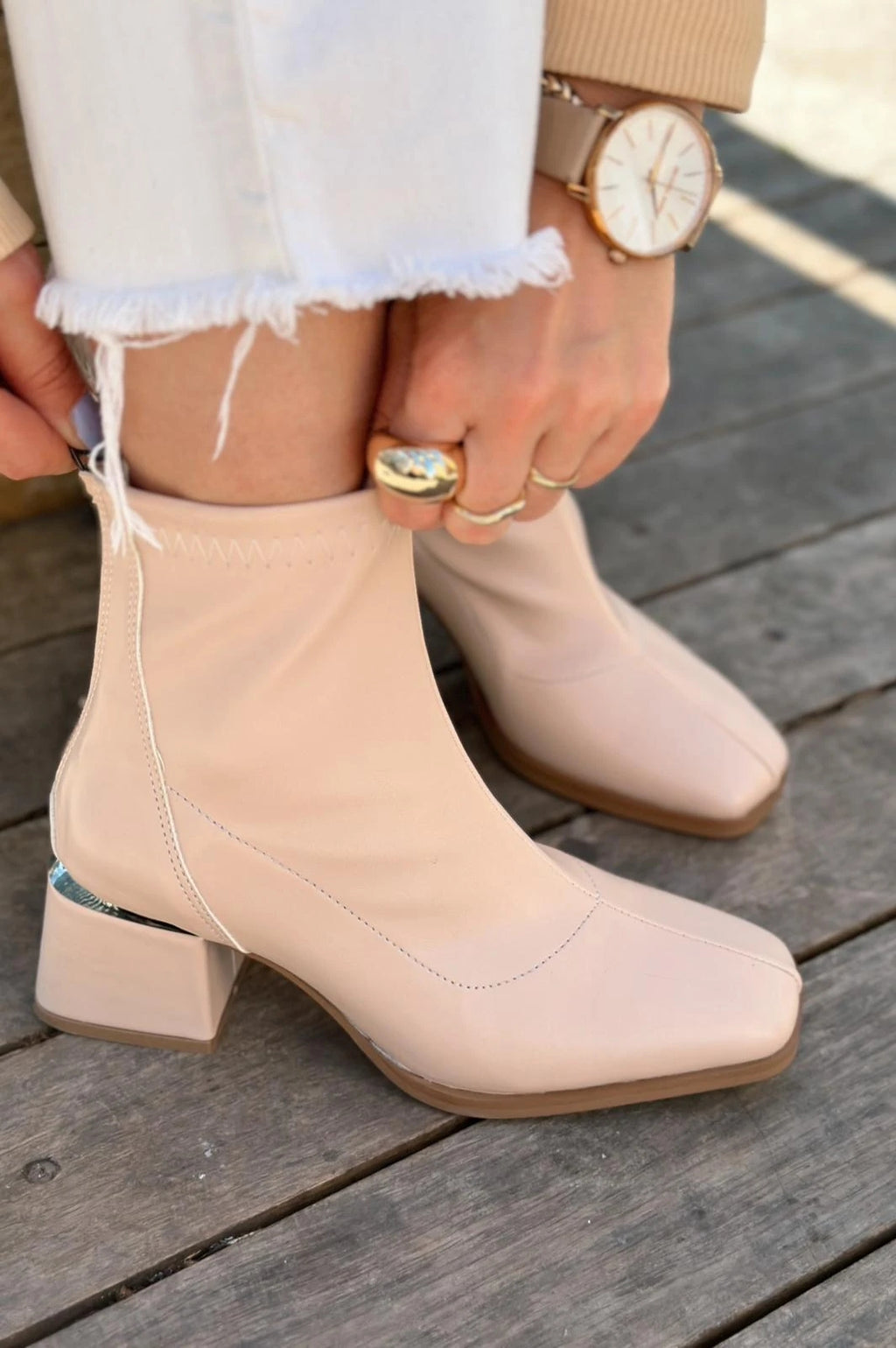 Daviyo Nude Faux Leather Stretch Women's Boots