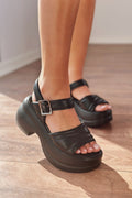 Pofins Black Faux Leather Women's Sandals