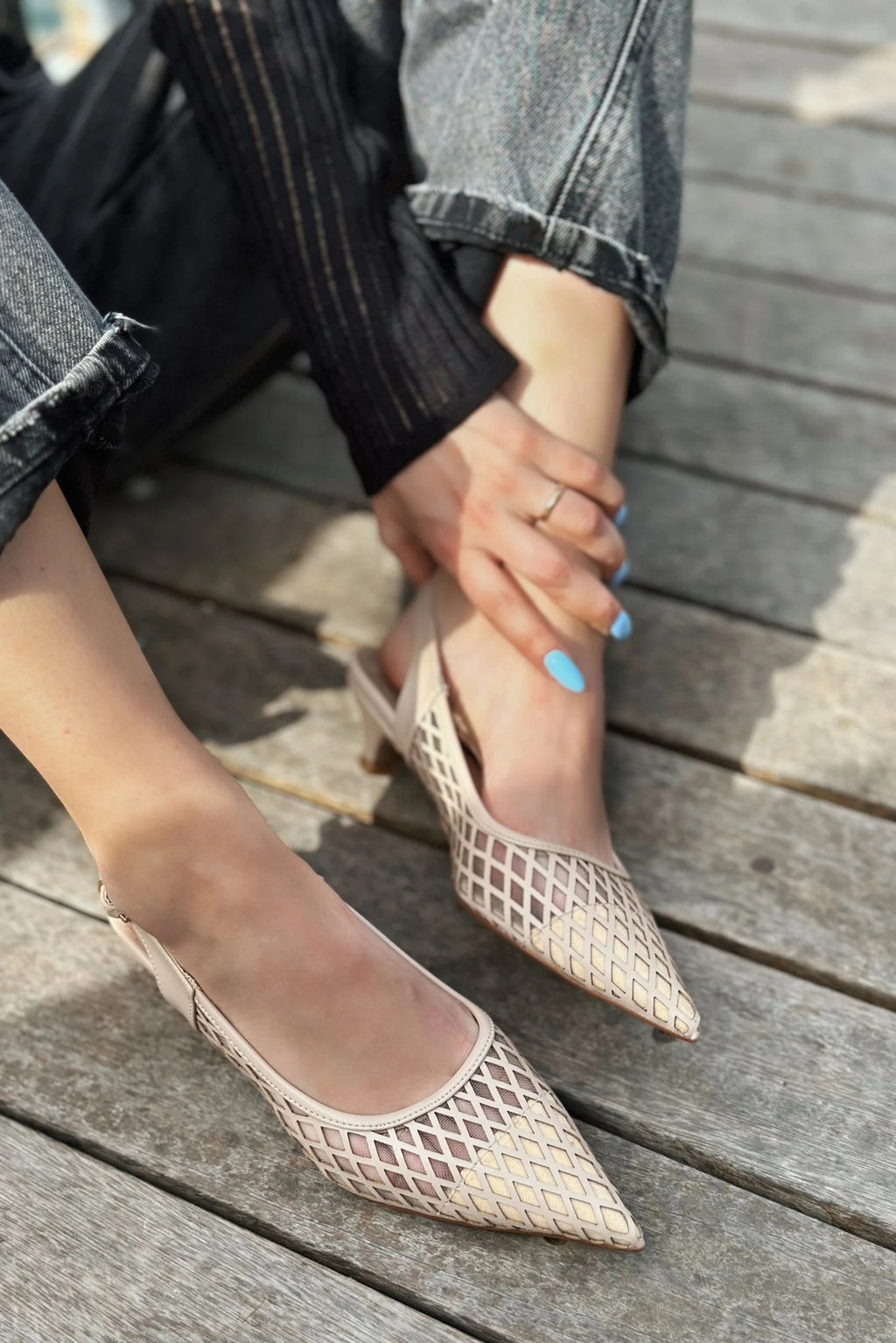Talin Nude Faux Leather Mesh Detail Women's Low Heel Stilettos