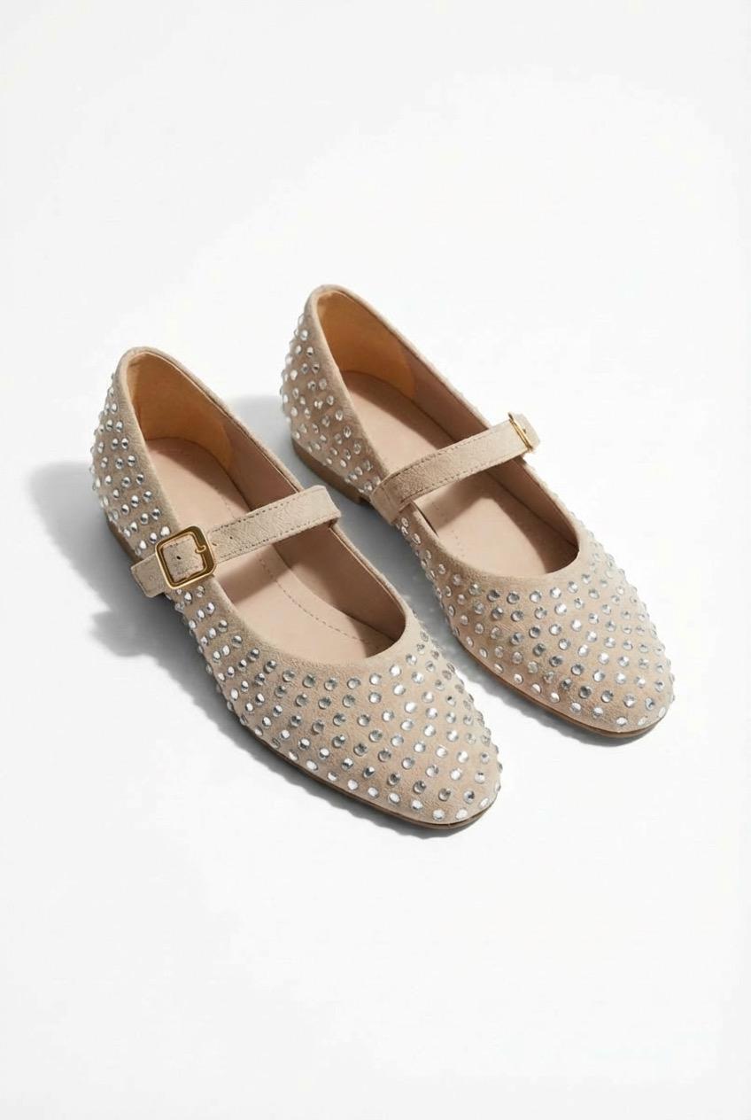Orion Beige Suede Stone-Embellished Women's Flats