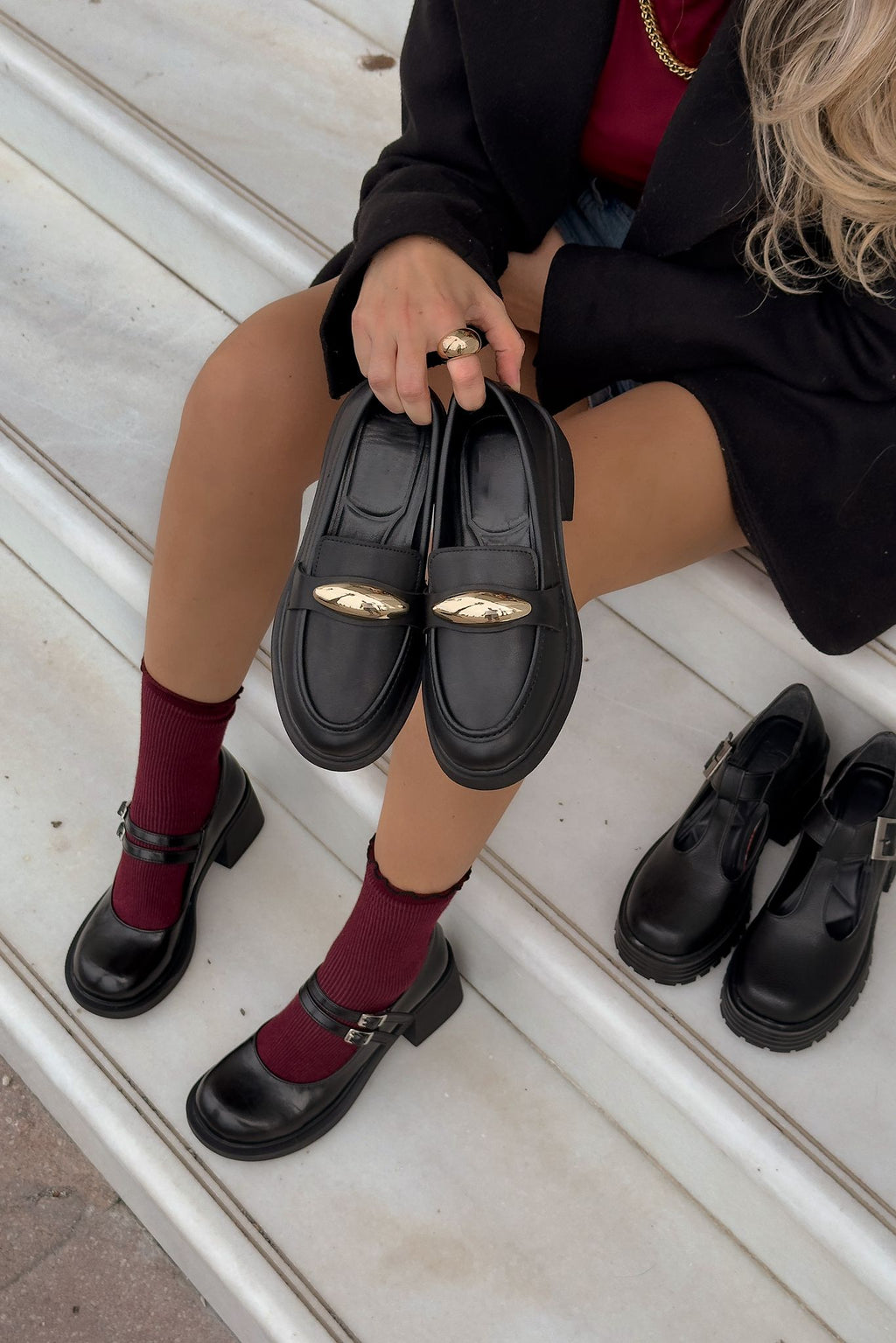 Ravilla Black Faux Leather Buckle Detail Women's Loafers