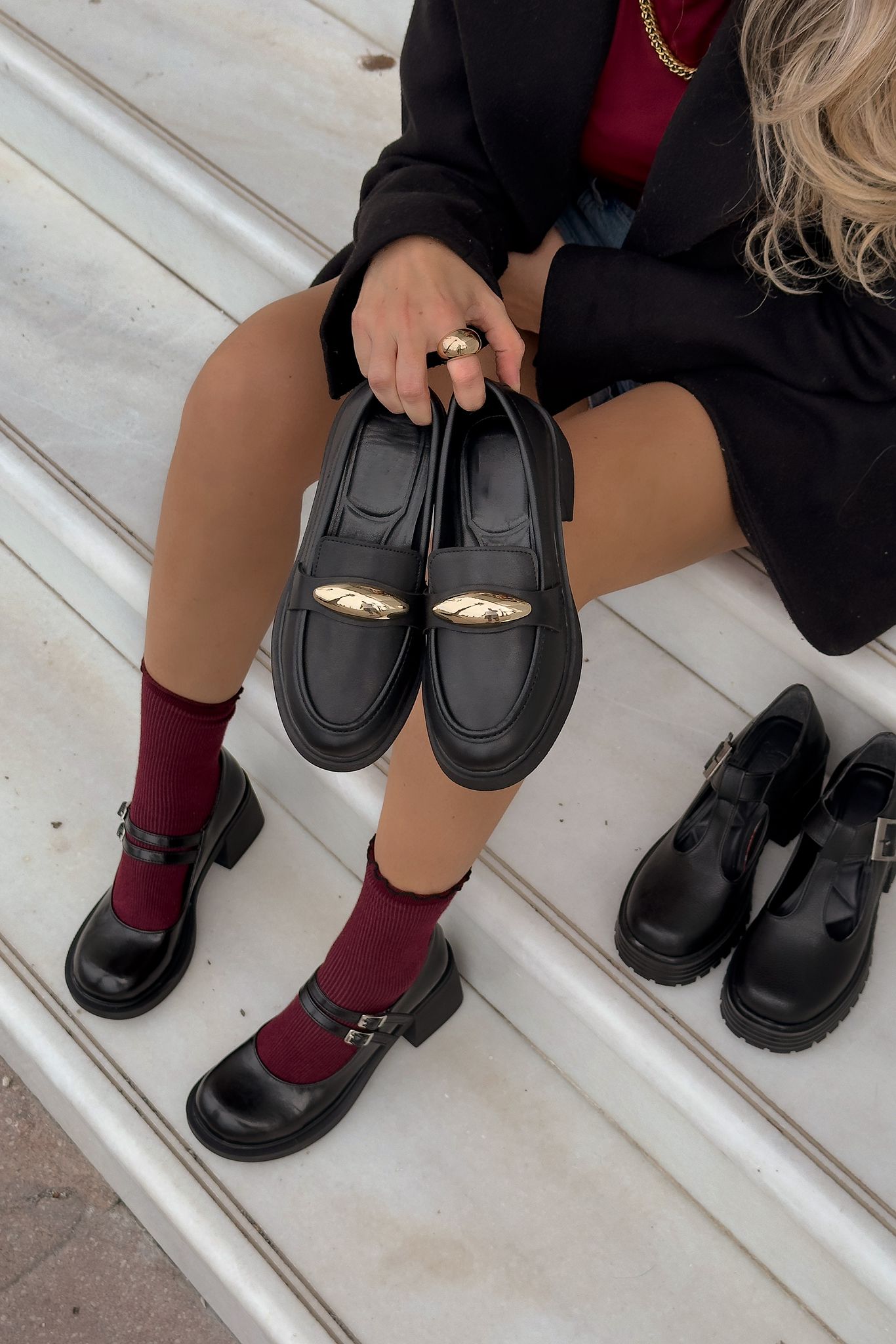 Ravilla Black Faux Leather Buckle Detail Women's Loafers