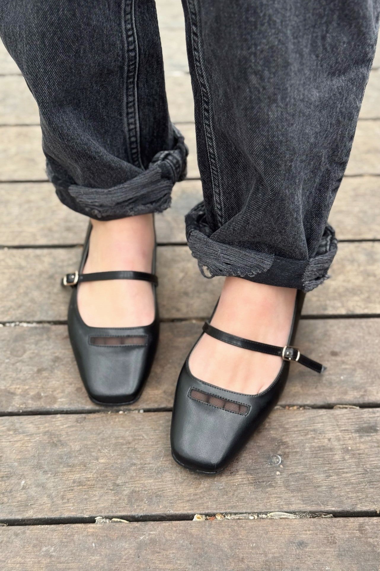 Lufora Black Faux Leather Buckle Women's Flats