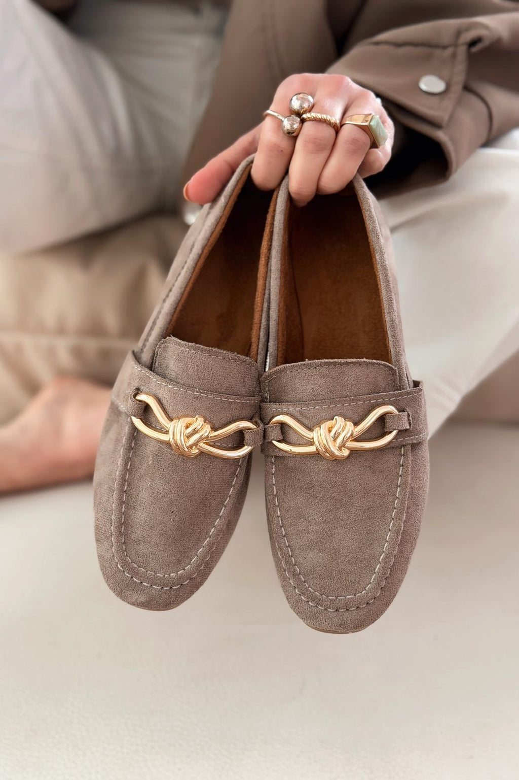 Avelis Taupe Suede Bow Detail Women's Loafers