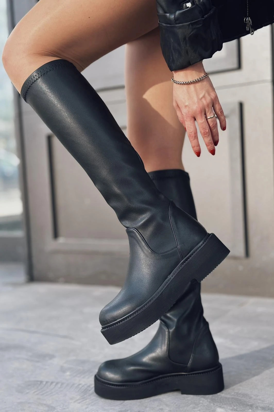 Rontes Black Faux Leather Stretch Women's Boots
