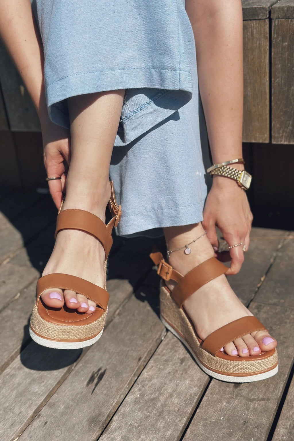 Santes Tan Faux Leather Wedge Pumps Women's Sandals