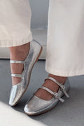 Harwor Silver Patent Faux Leather Buckle Detail Women's Flats