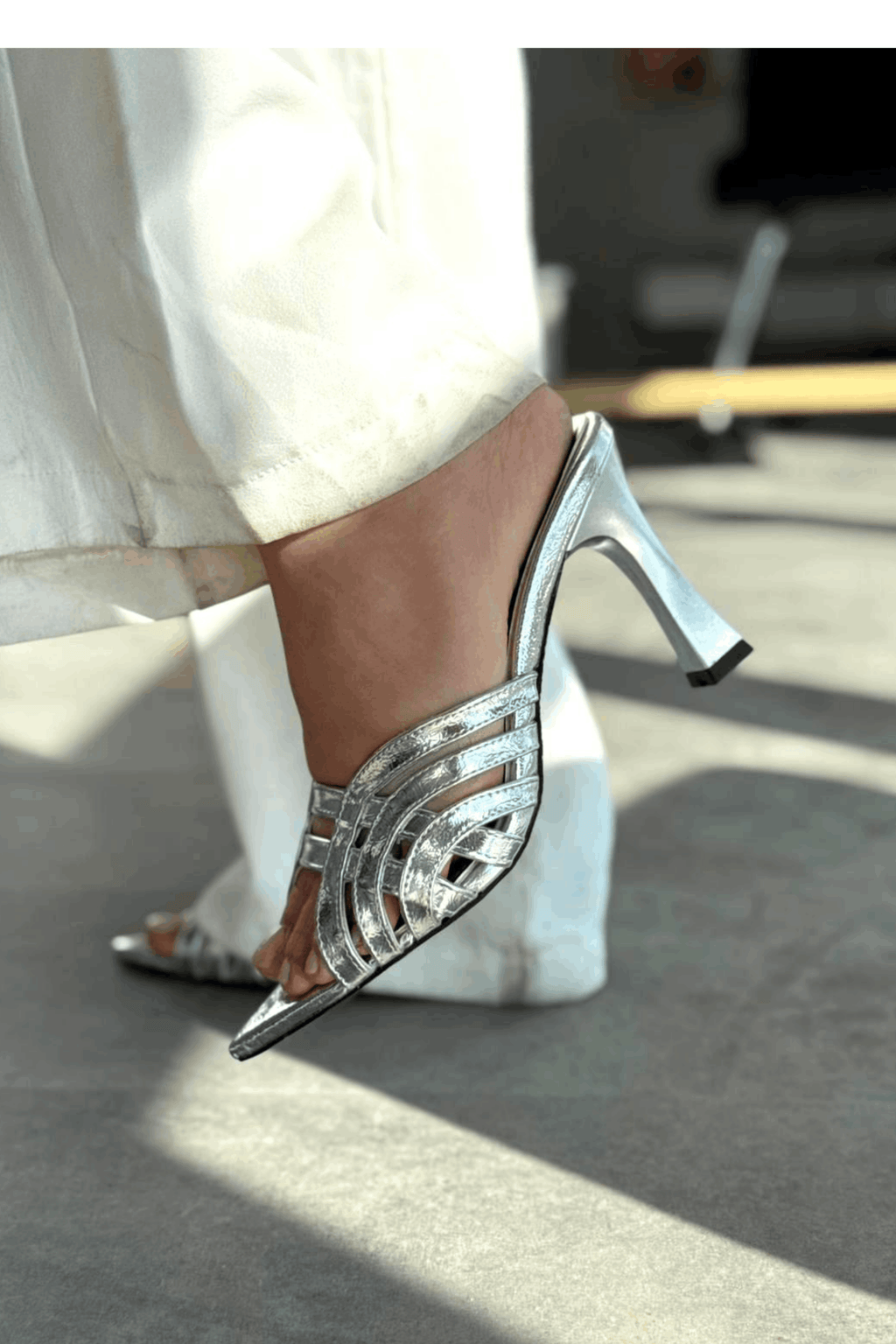 Lumon Silver Patent Faux Leather Strap Detail Pumps