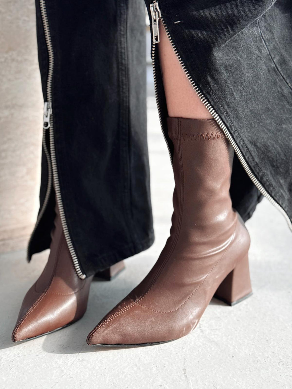 Nysea Brown Faux Leather Women's Stretch Pumps Boots