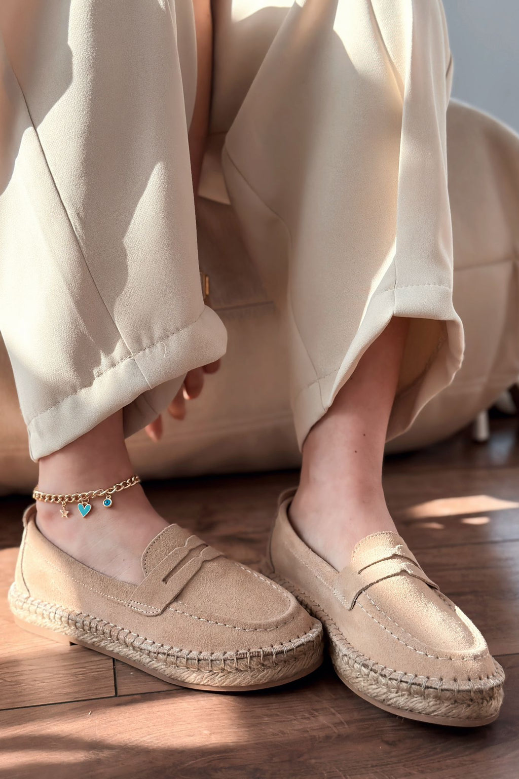 Celure Beige Genuine Suede Women's Espadrille Loafers