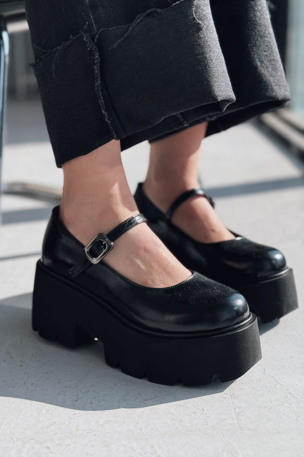 Tinos Black Faux Leather Chunky Sole Women's Mary Jane