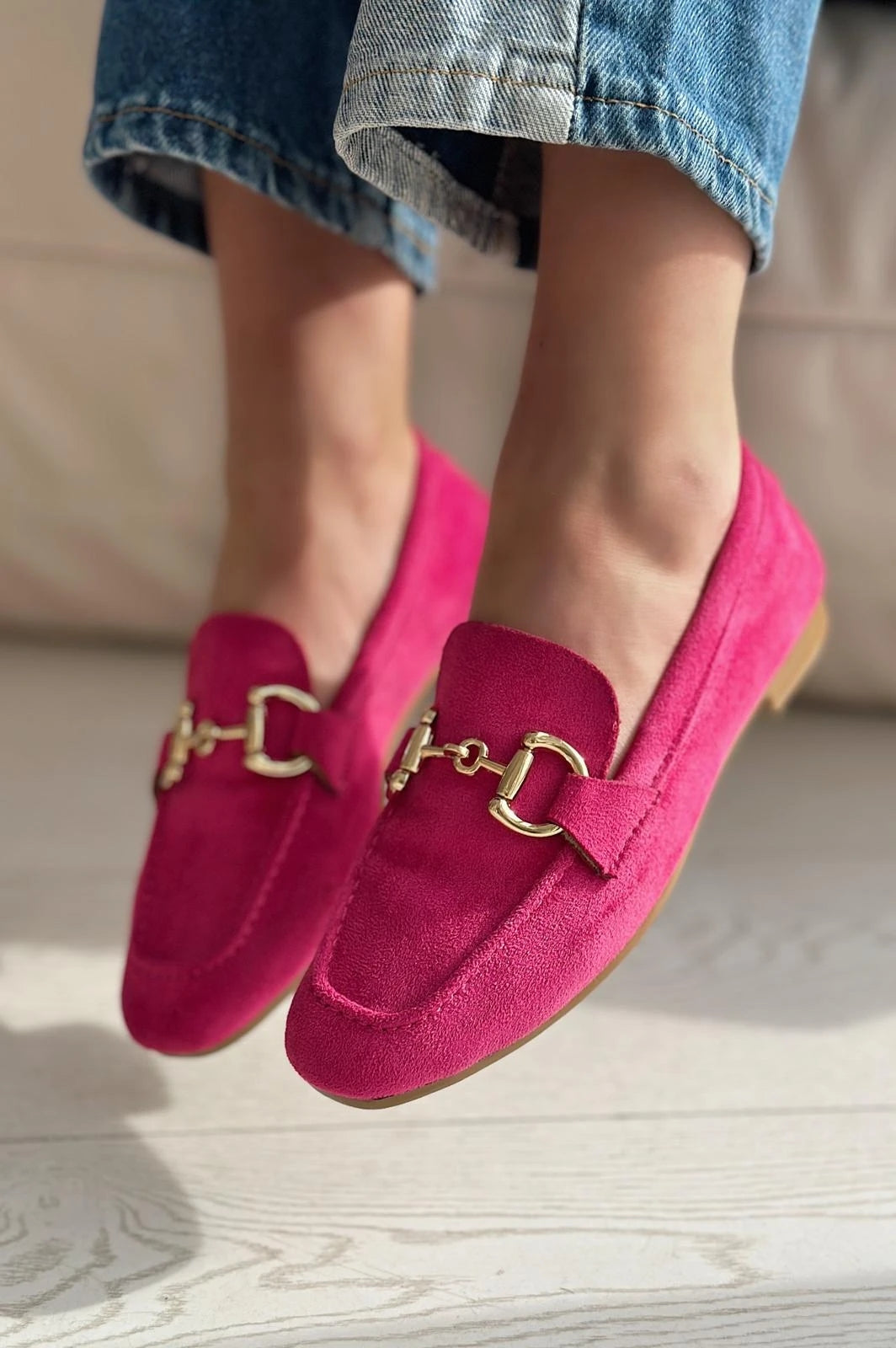 Lofin Fuchsia Suede Buckle Detail Women's Loafers