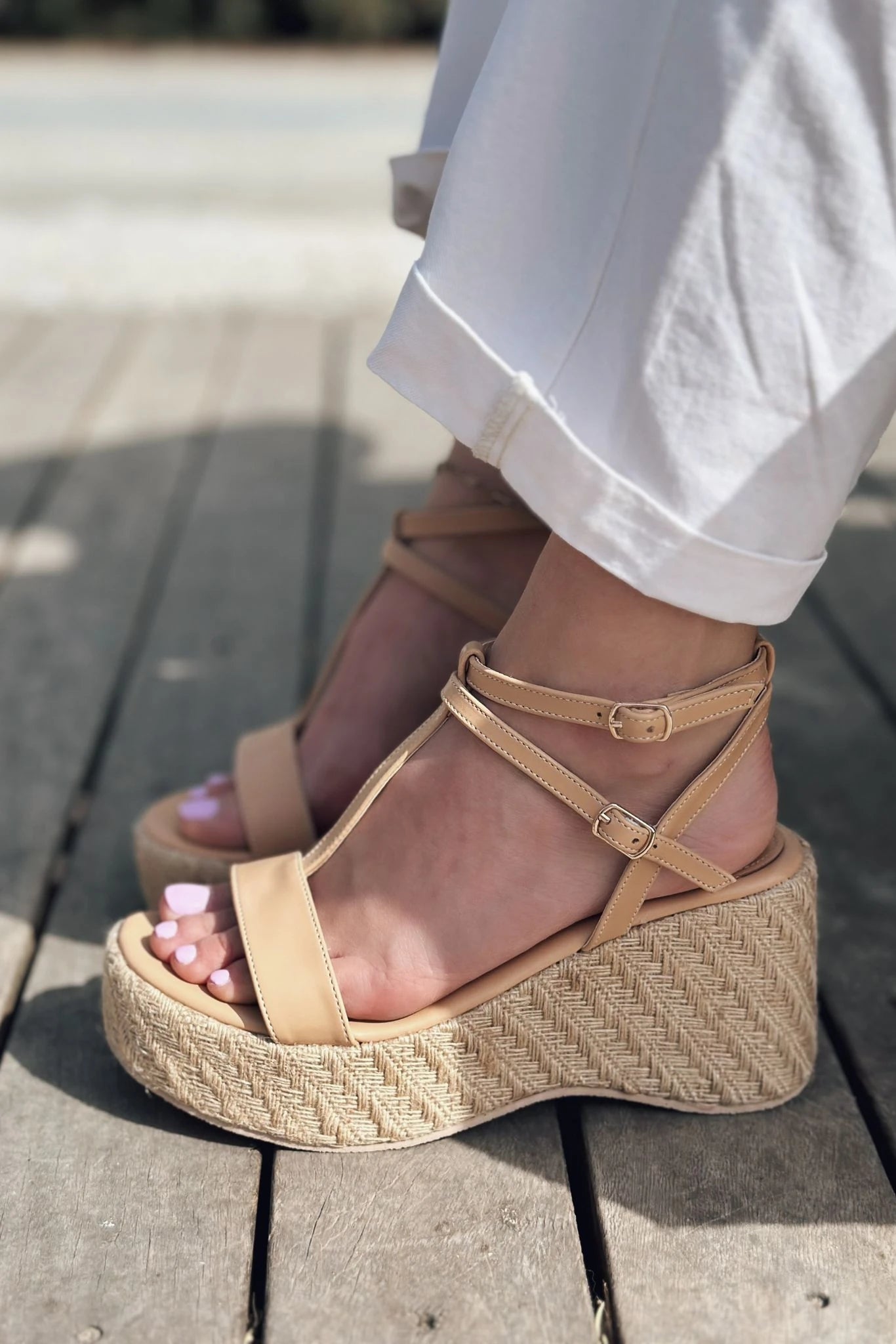 Rowsen Nude Faux Leather Strap Detail Wedge Pumps
