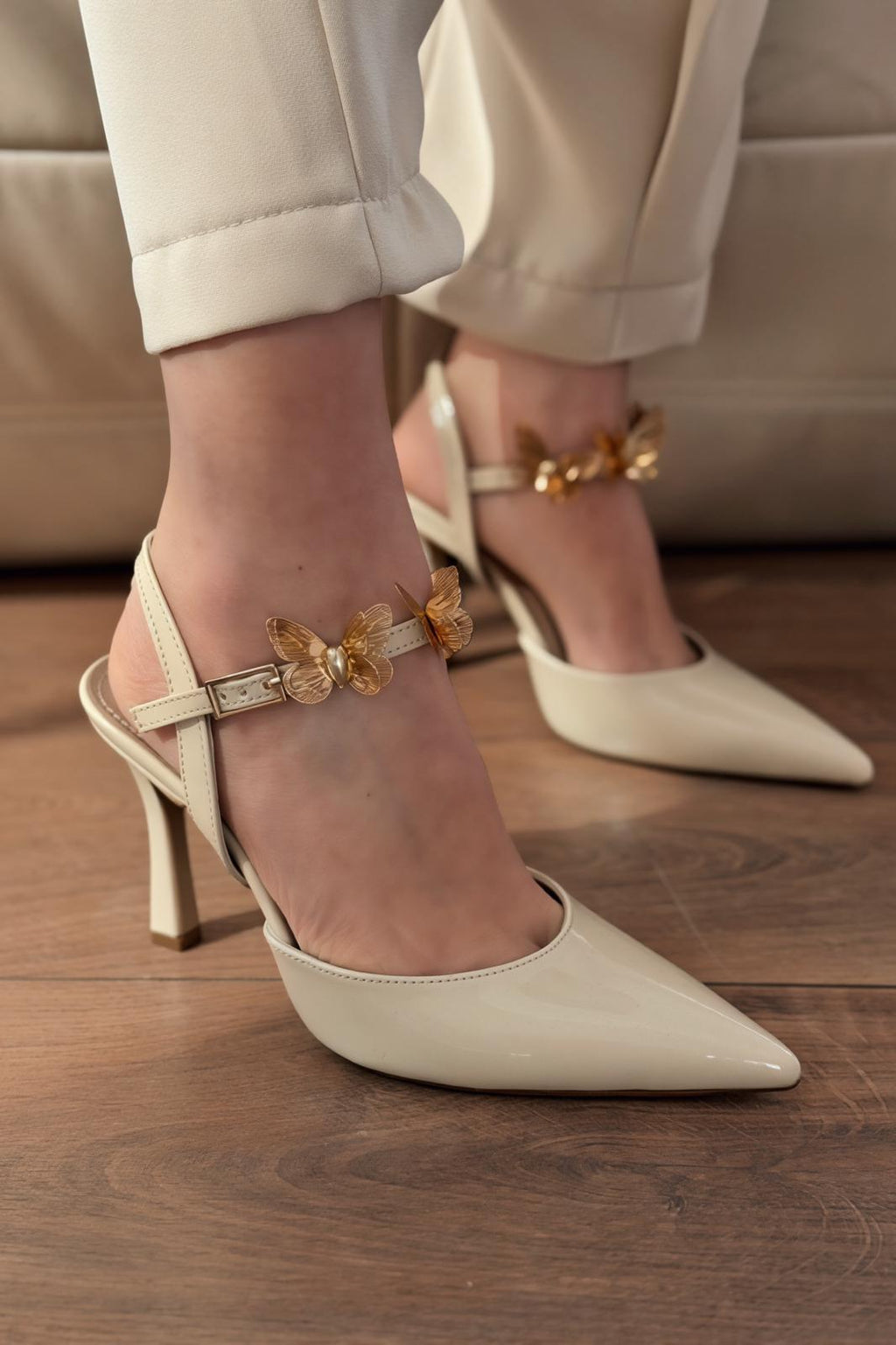 Senar Beige Patent Faux Leather Women's Stilettos Butterfly Detail