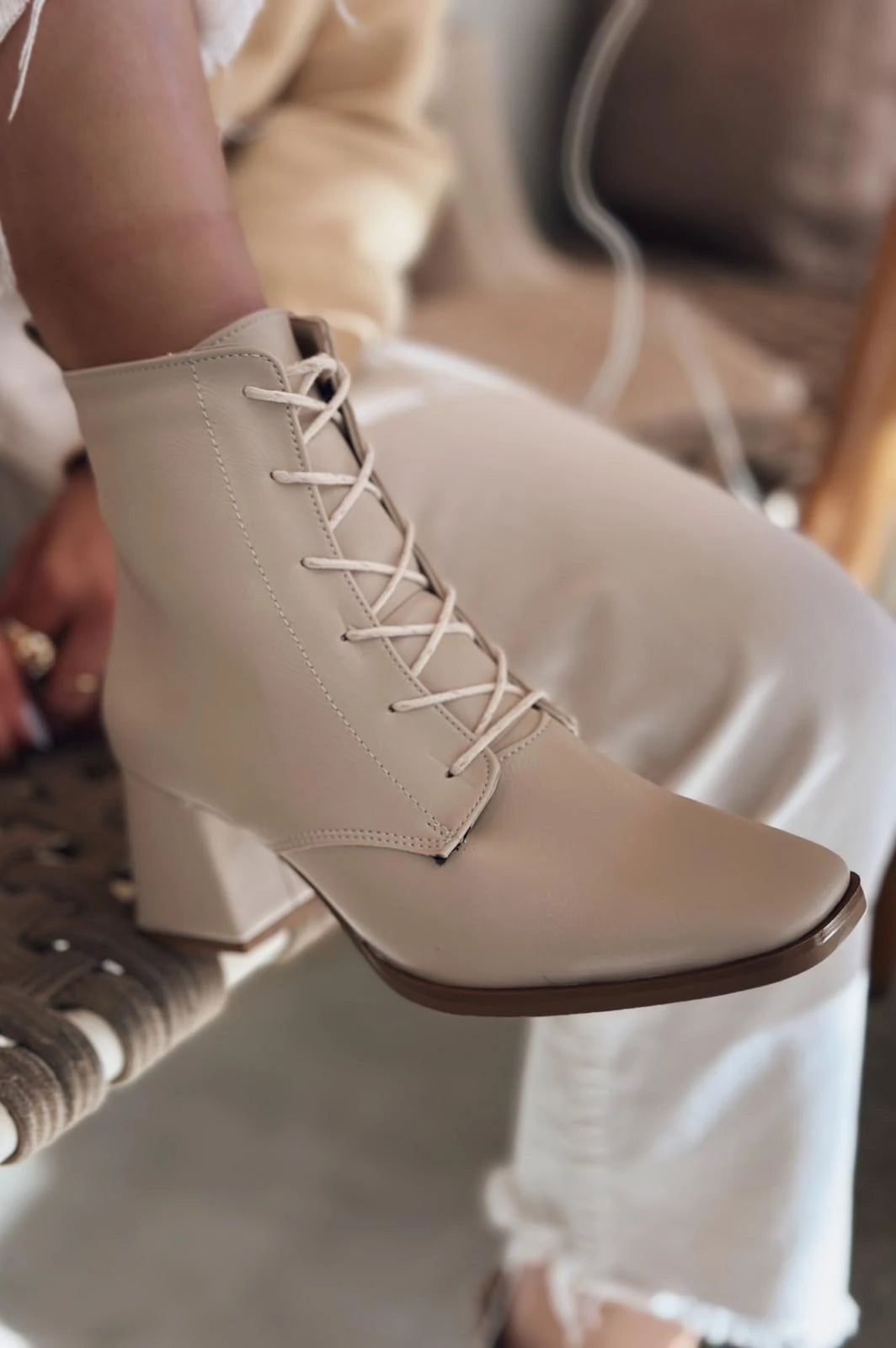 Rament Beige Faux Leather Lace-Up Women's Boots
