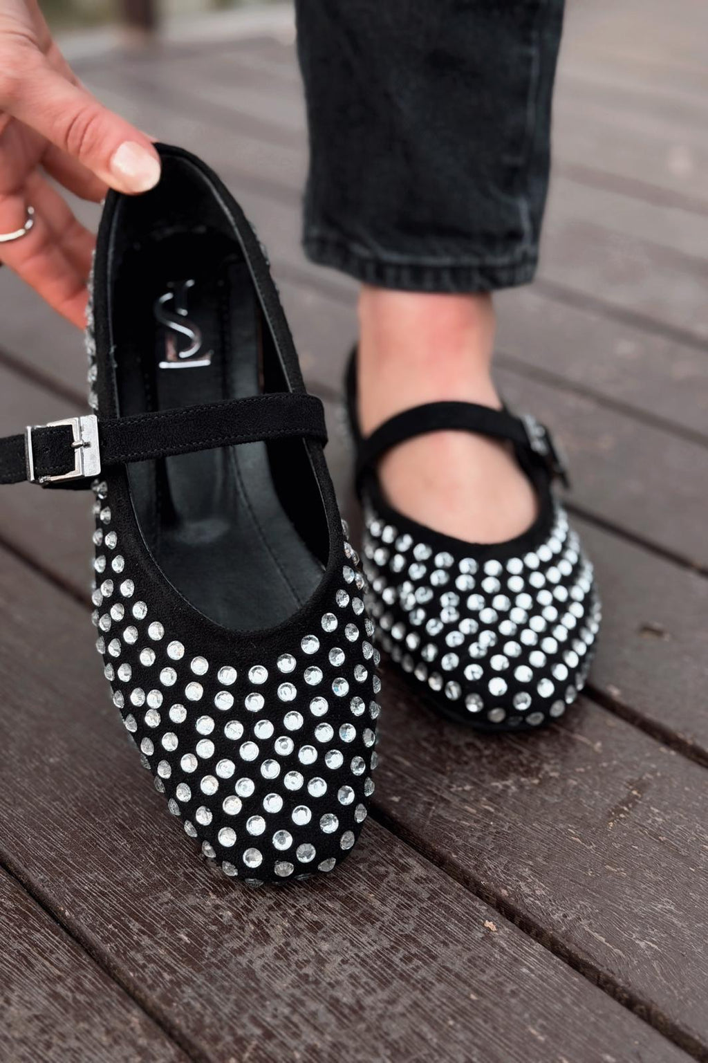 Orion Black Suede Gray Stone Detail Women's Flats