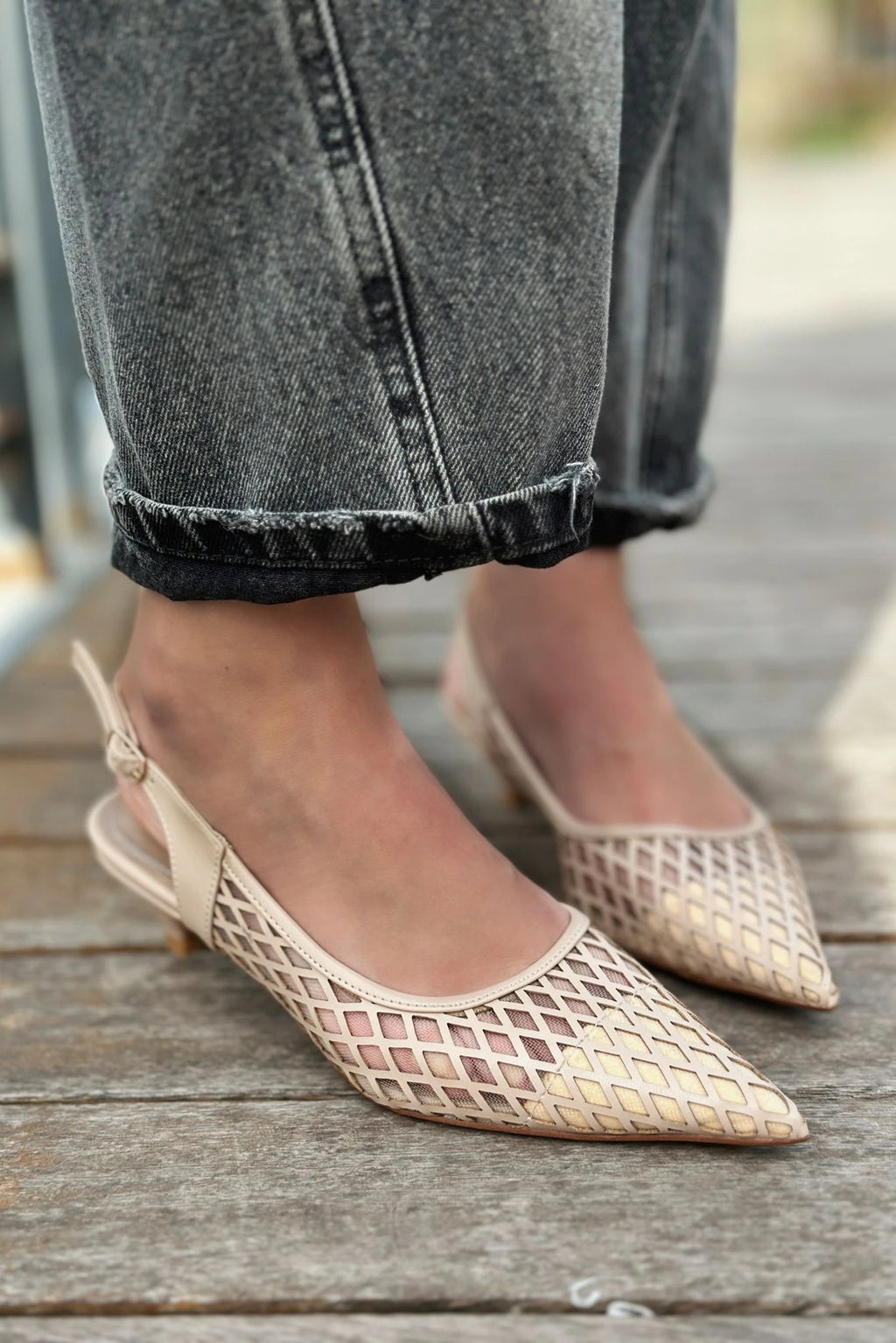Talin Nude Faux Leather Mesh Detail Women's Low Heel Stilettos