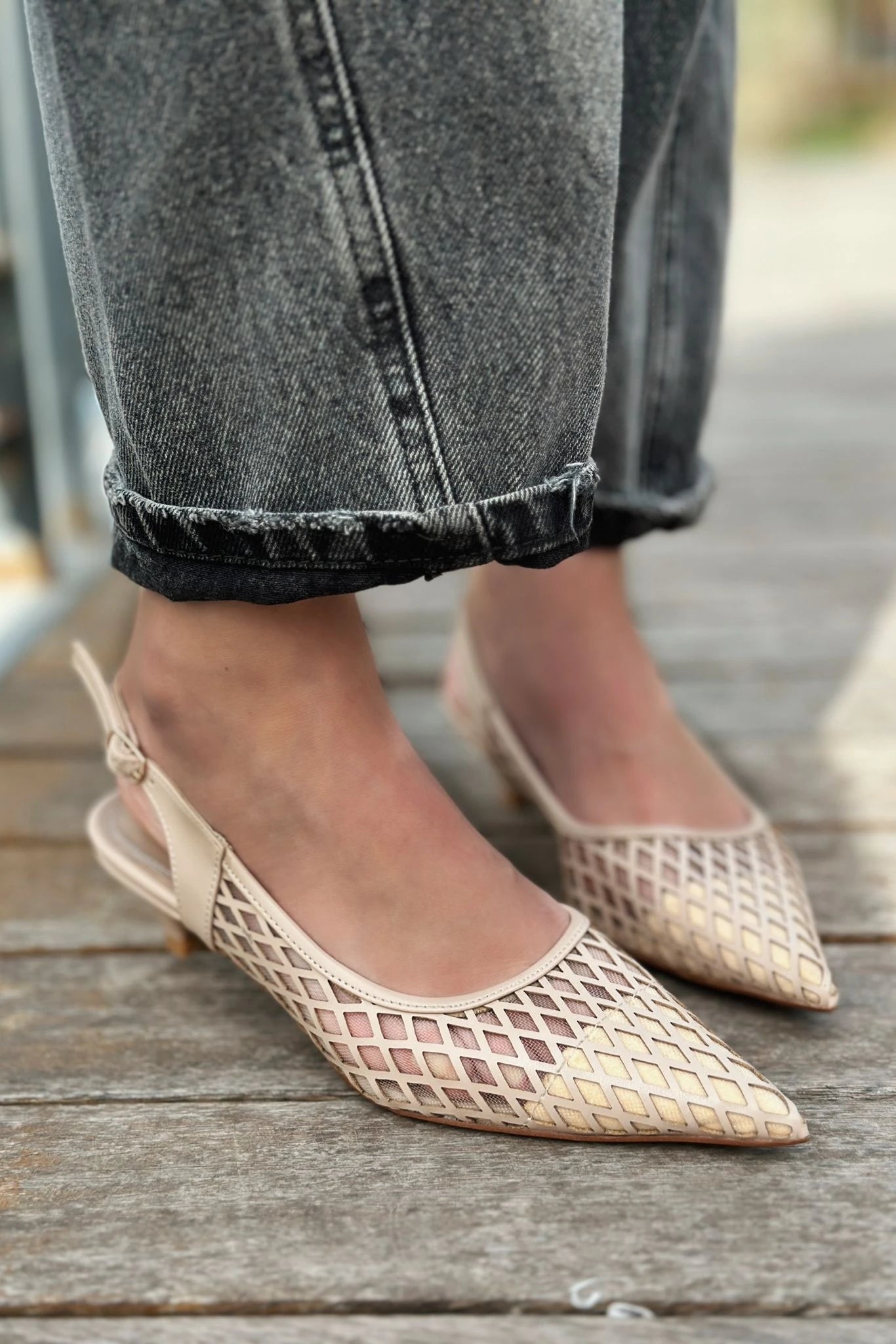 Talin Nude Faux Leather Mesh Detail Women's Low Heel Stilettos