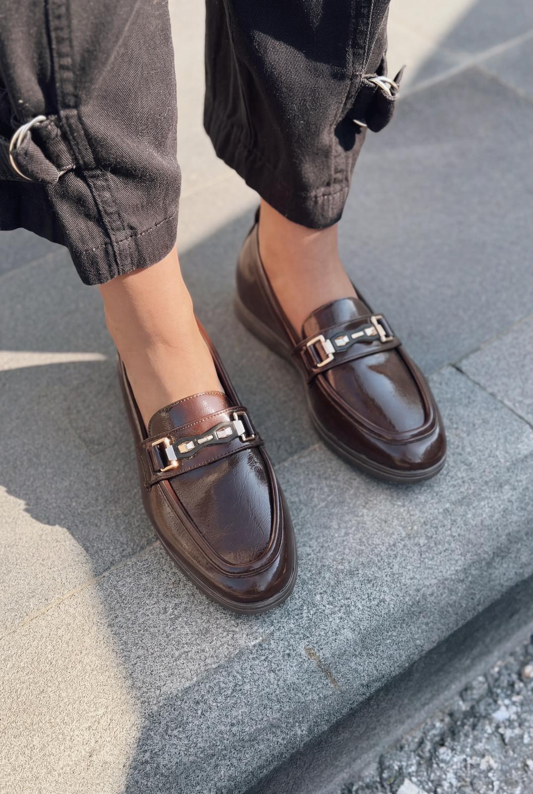 Toler Dark Brown Patent Faux Leather Women's Loafers