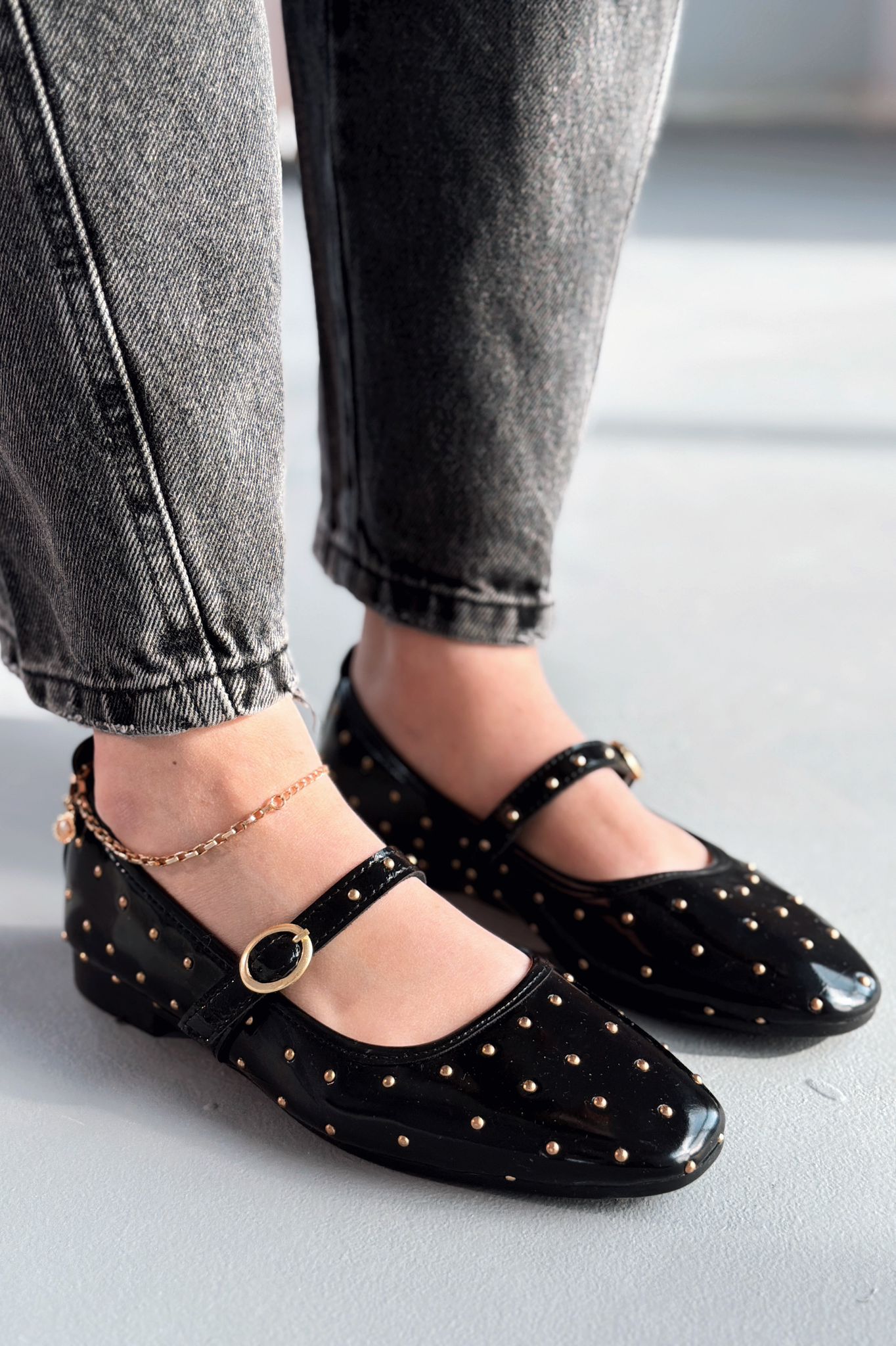 Lunessa Black Patent Faux Leather Studded Women's Flats