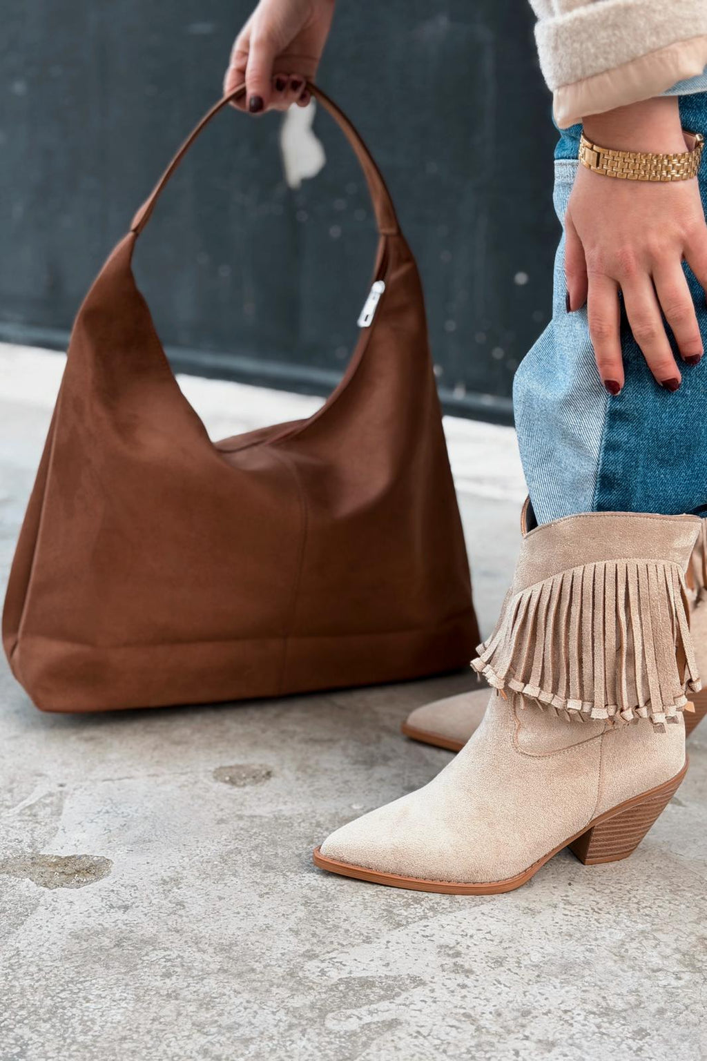 Iserne Beige Suede Fringe Women's Cowboy Boots