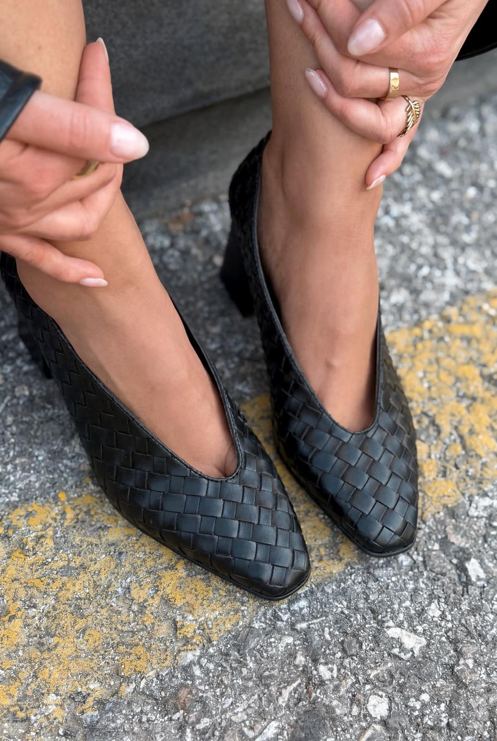 Torben Black Faux Leather Woven Women's Pumps