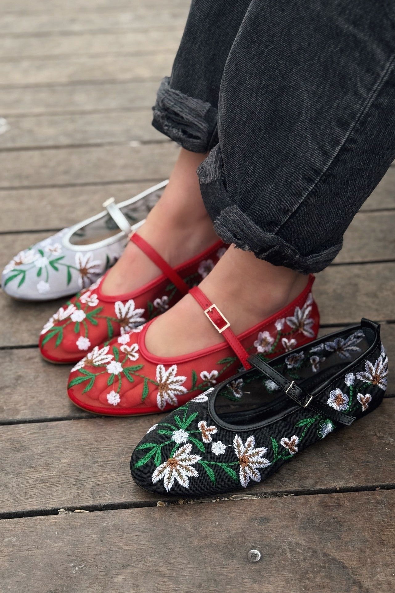 Krysol Embroidered Black Mesh Flats