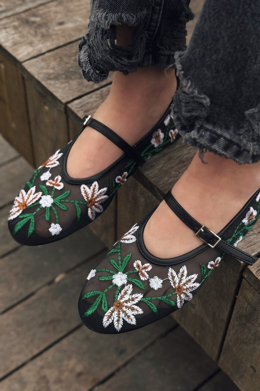 Krysol Embroidered Black Mesh Flats