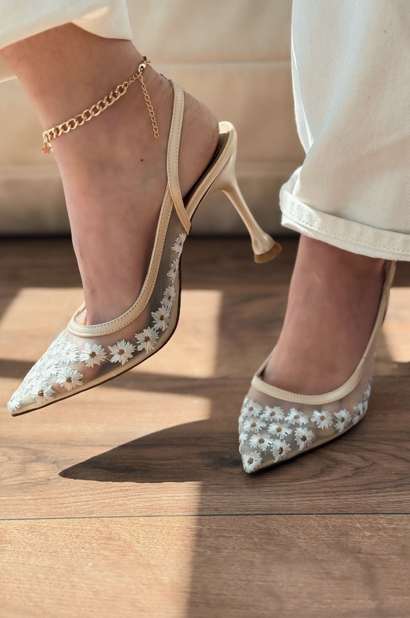 Dasewi Beige Mesh Women's Stilettos