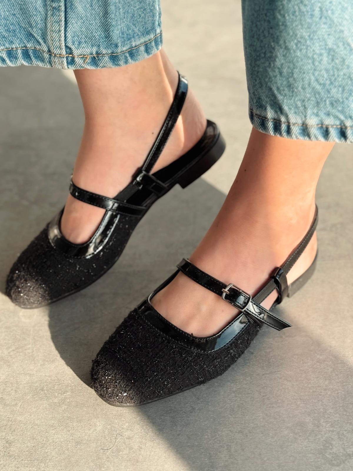 Minor Black Strap Detail Tweed Fabric Women's Mary Jane