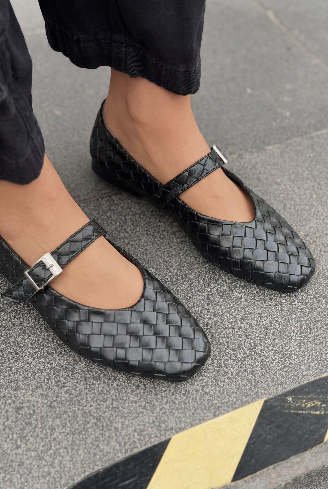 Vespera Black Faux Leather Women's Flats