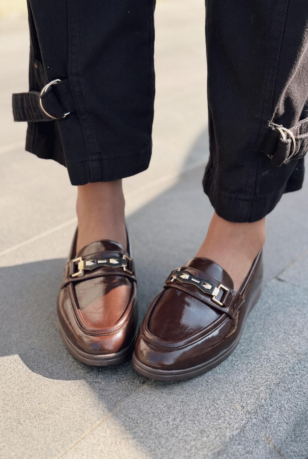 Toler Dark Brown Patent Faux Leather Women's Loafers