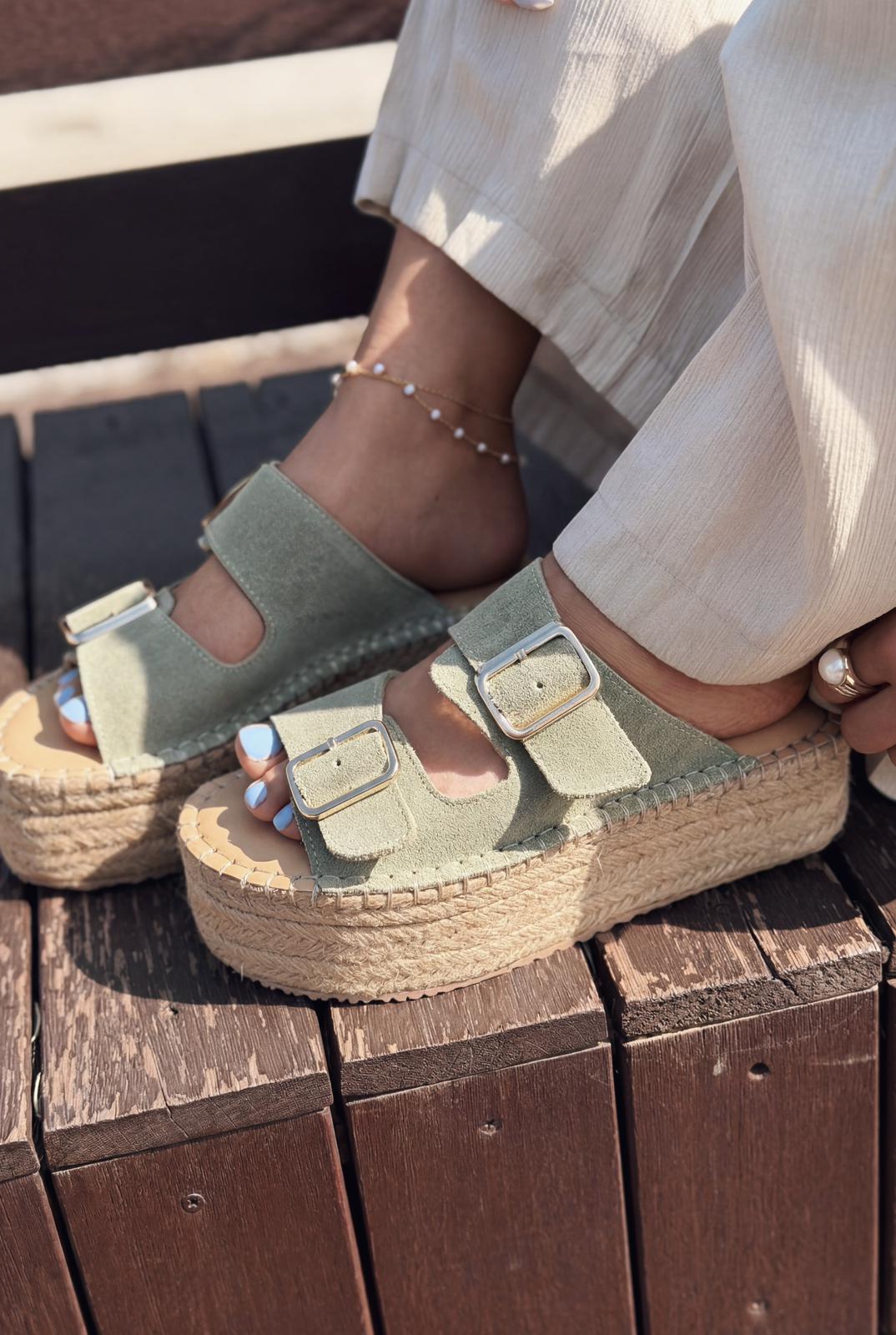 Serinel Green Genuine Suede Women's Wedge Heel Mules