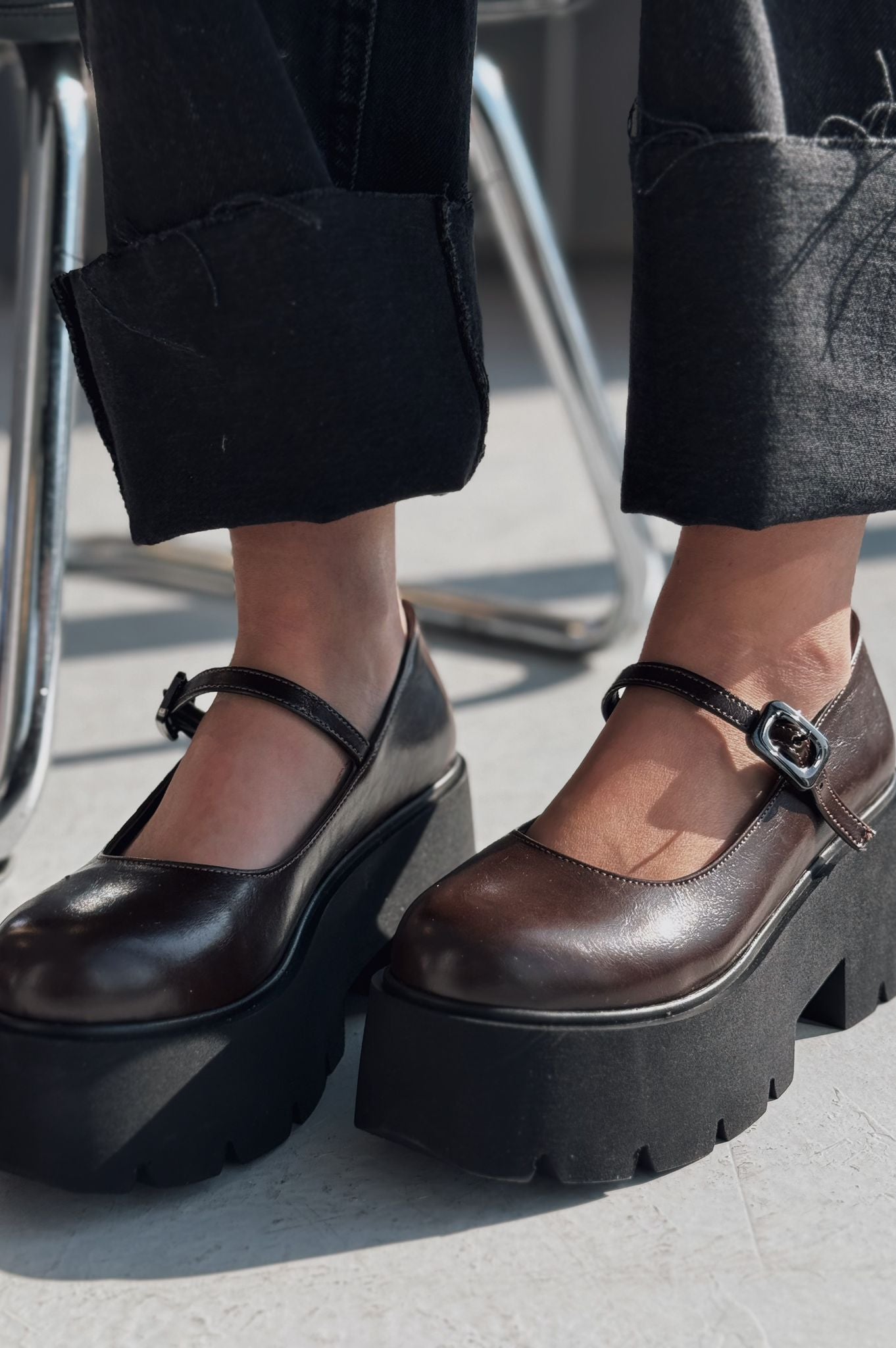Tinos Dark Brown Faux Leather Platform Women's Mary Jane